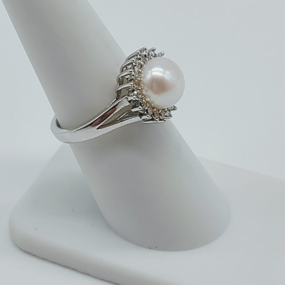 Vintage Sterling Silver Freshwater Pearl CZ Halo Ring - Picture 6 of 7
